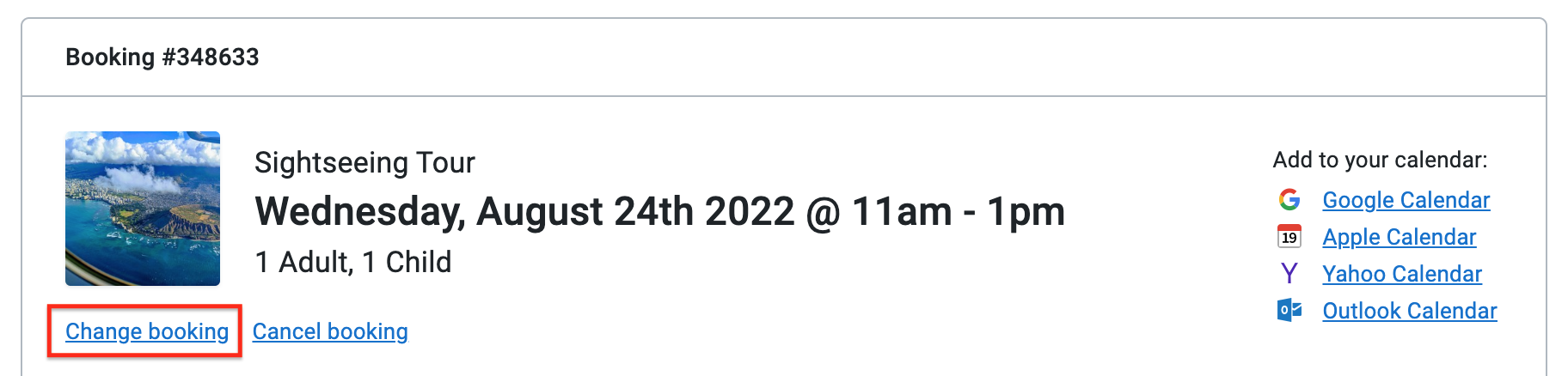 Change booking link on online confirmation page