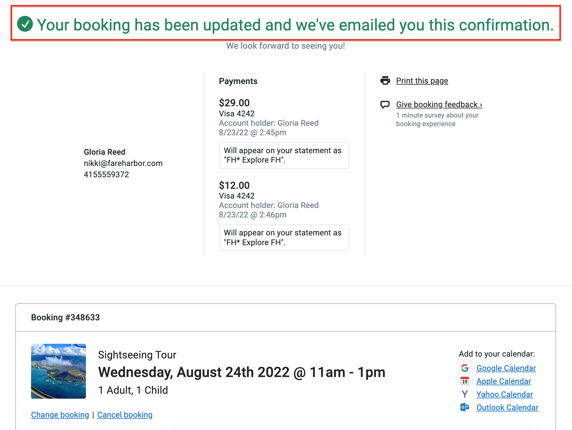 Confirmation page after rebooking