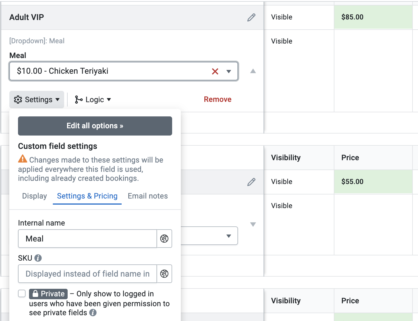 Editing custom field settings for an item