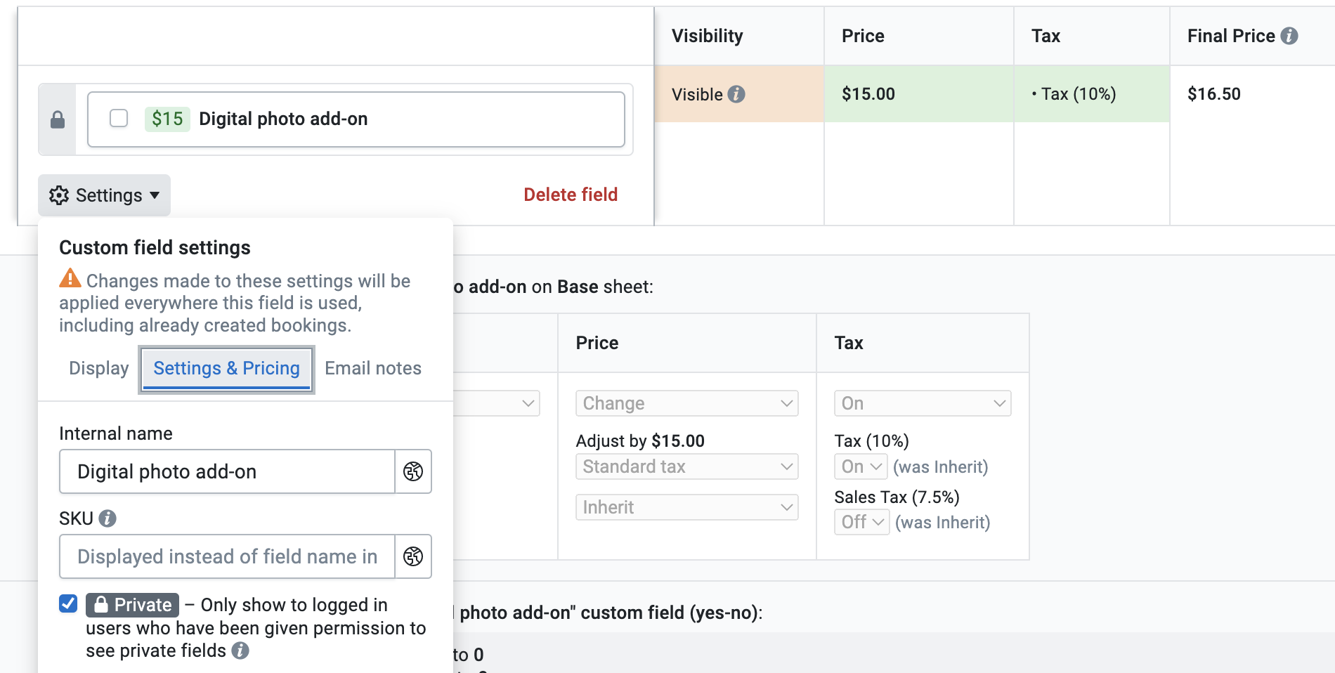 Editing a custom field's settings