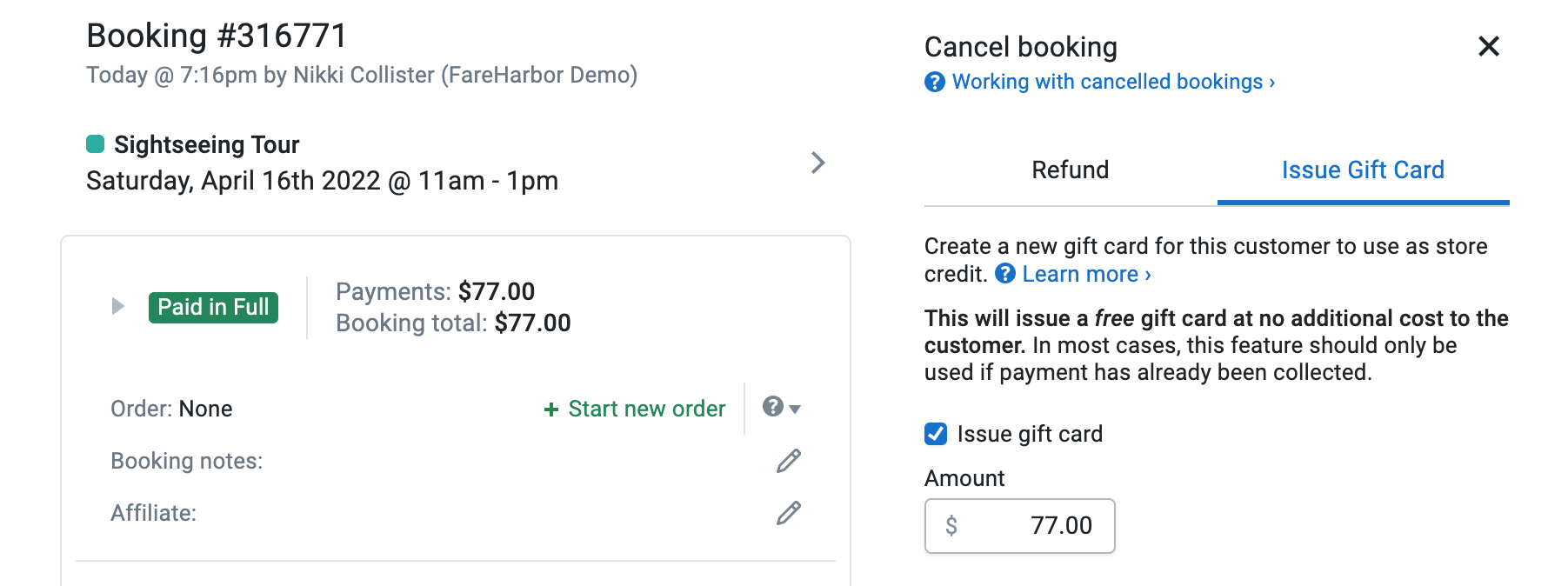 Issuing a gift card while cancelling