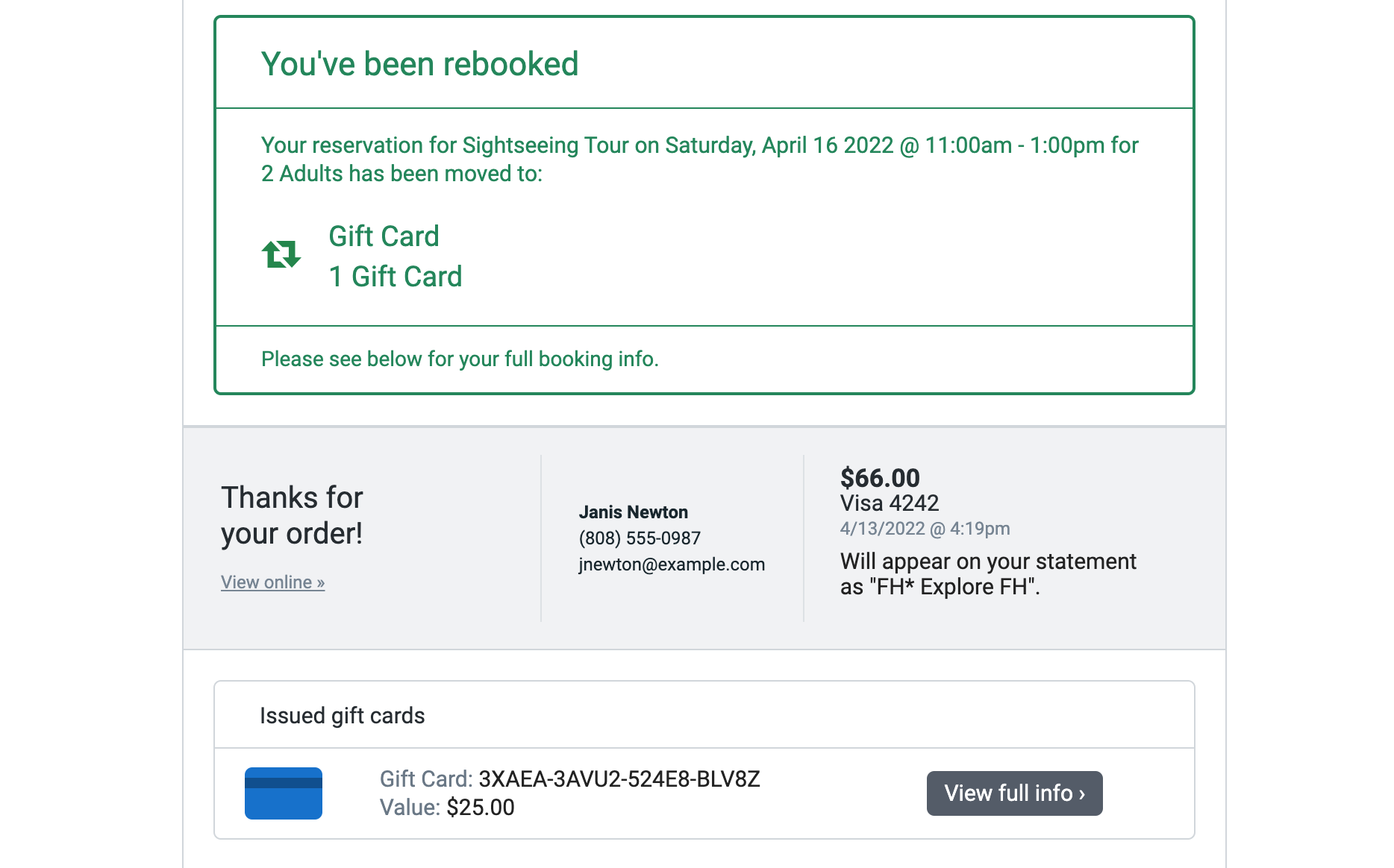 Rebooked email with an issued gift card