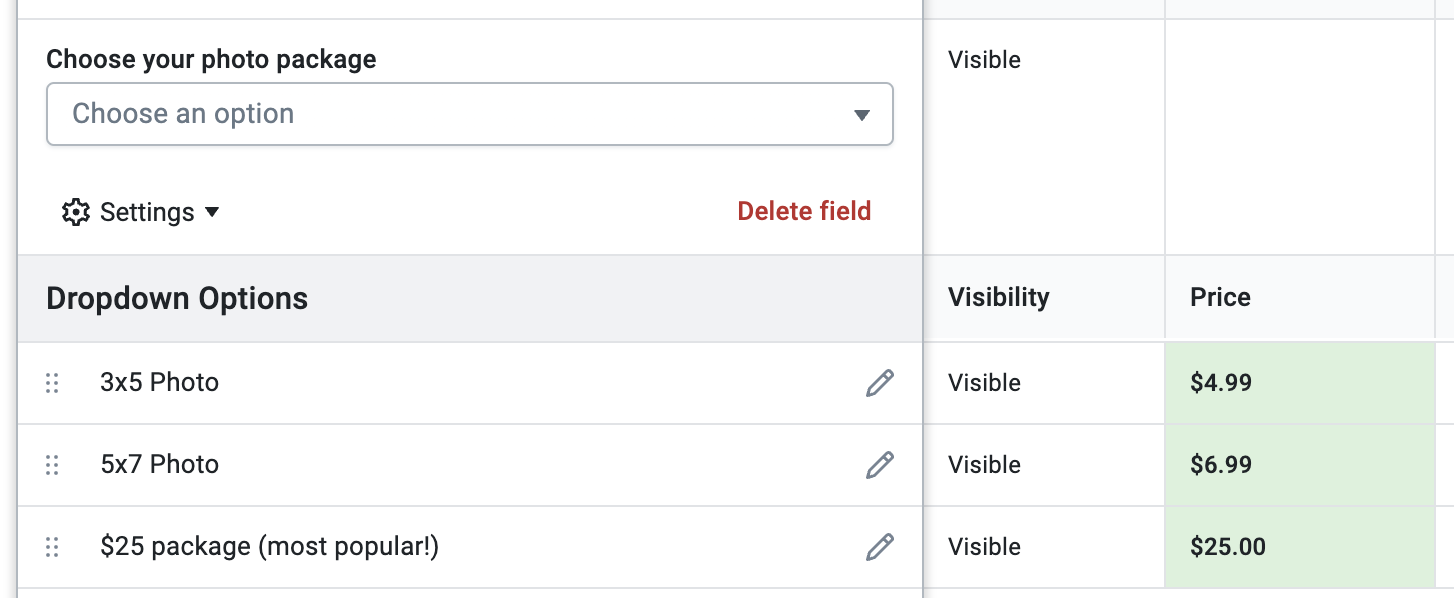 Pricing dropdown options
