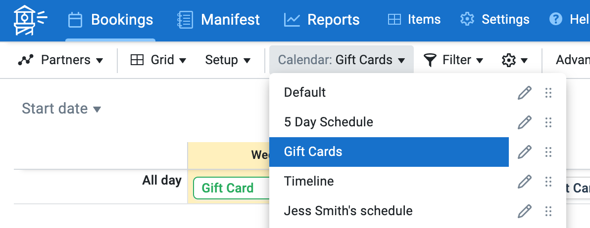 Example custom calendars menu