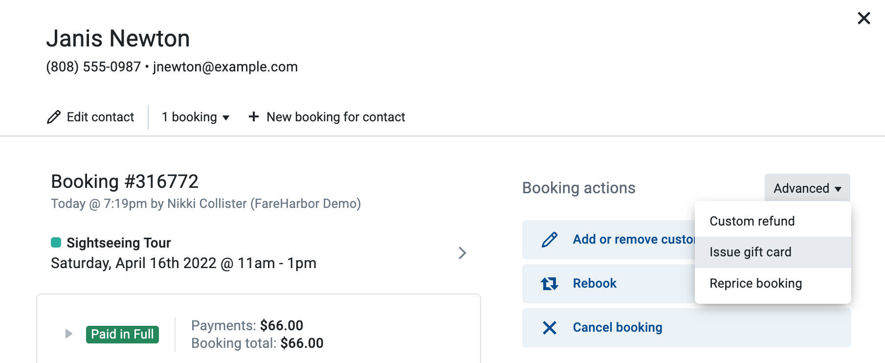 Issuing a gift card from a booking