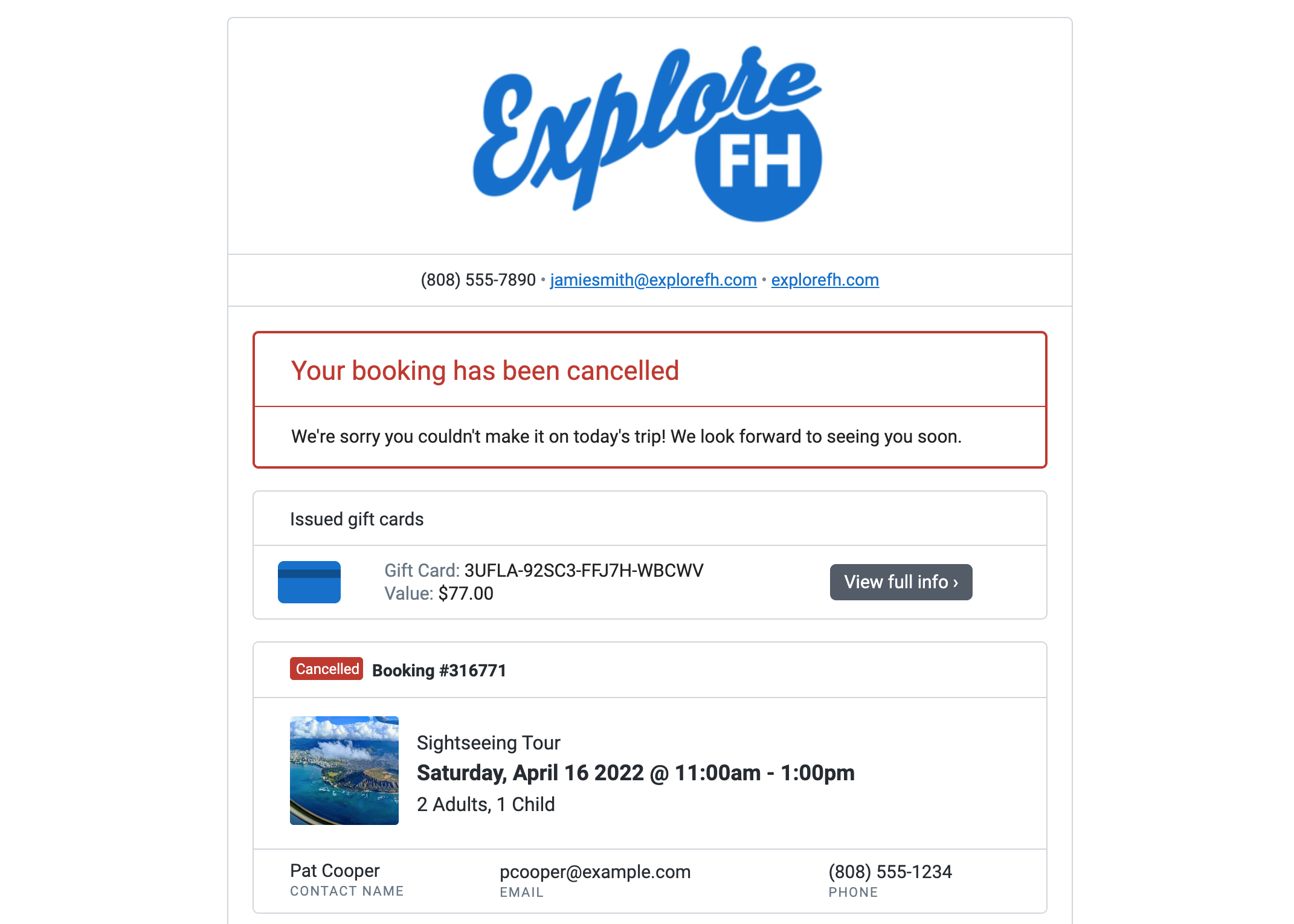 Cancellation email with issued gift card