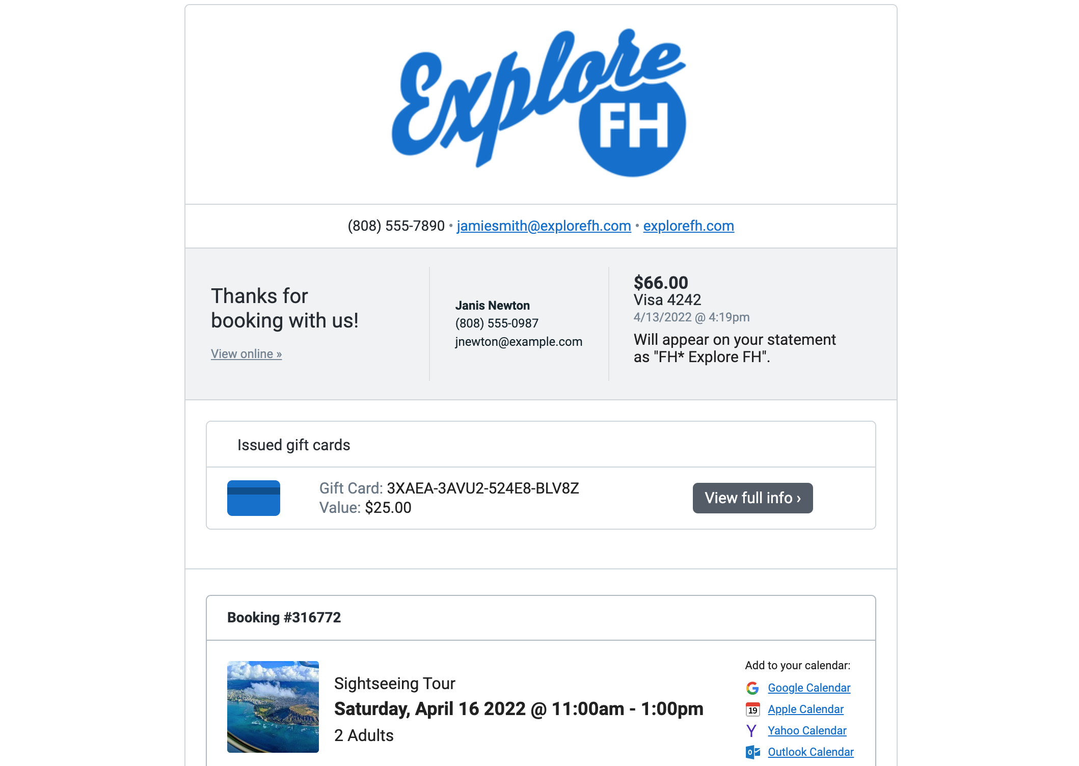 Confirmation email with an issued gift card