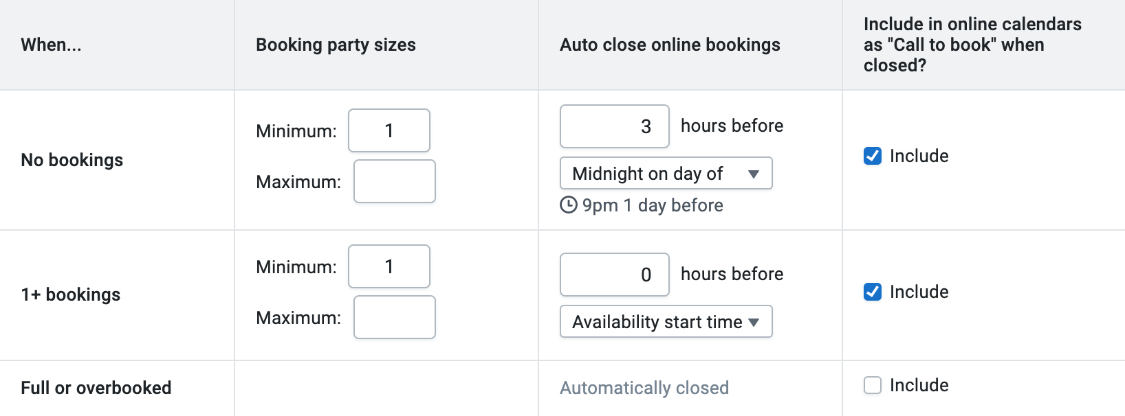 Booking restrictions