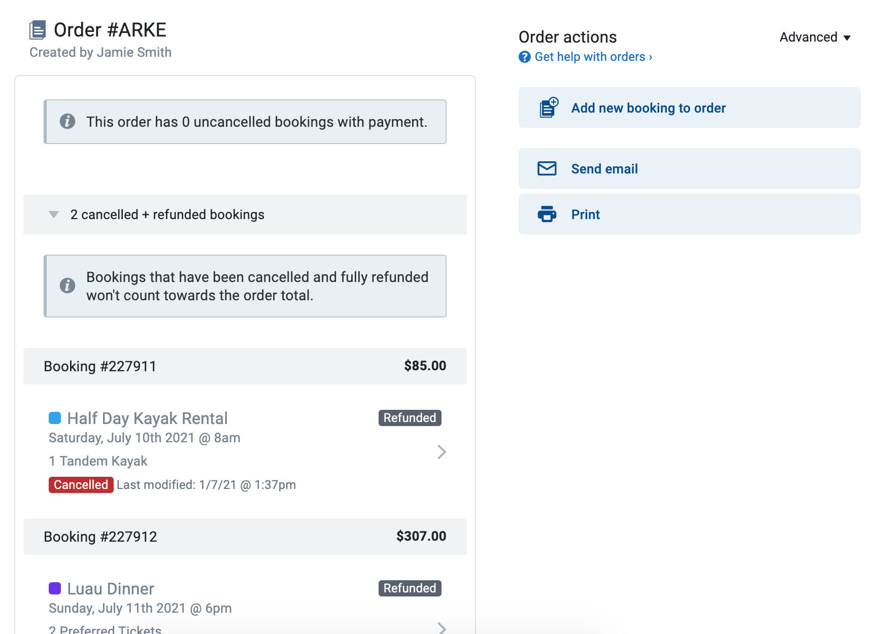 0 bookings counted toward order total
