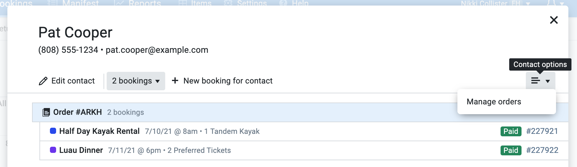 Accessing the 'Contact options' menu
