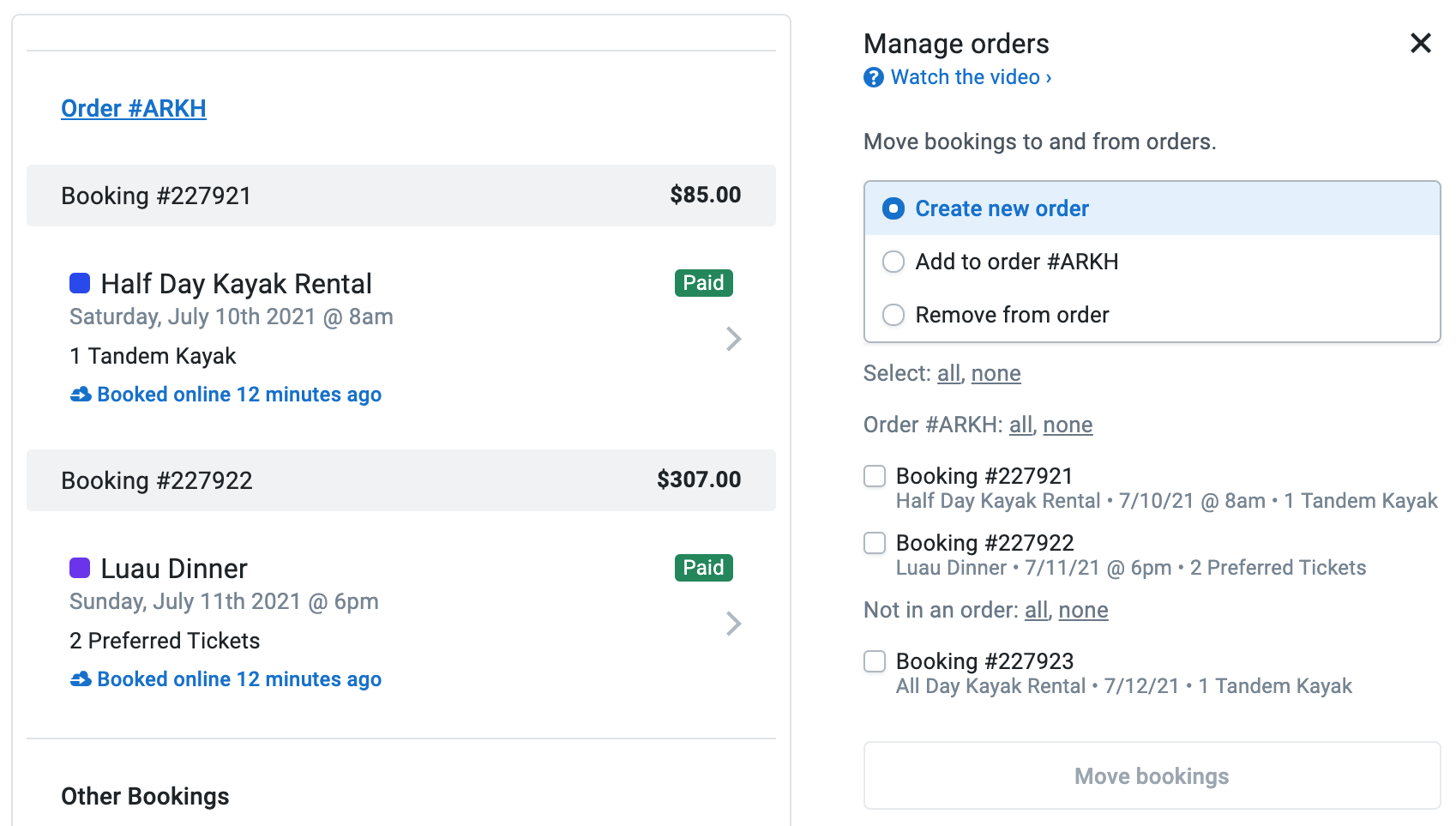 Using the 'Manage orders' tool