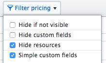 Filter pricing menu