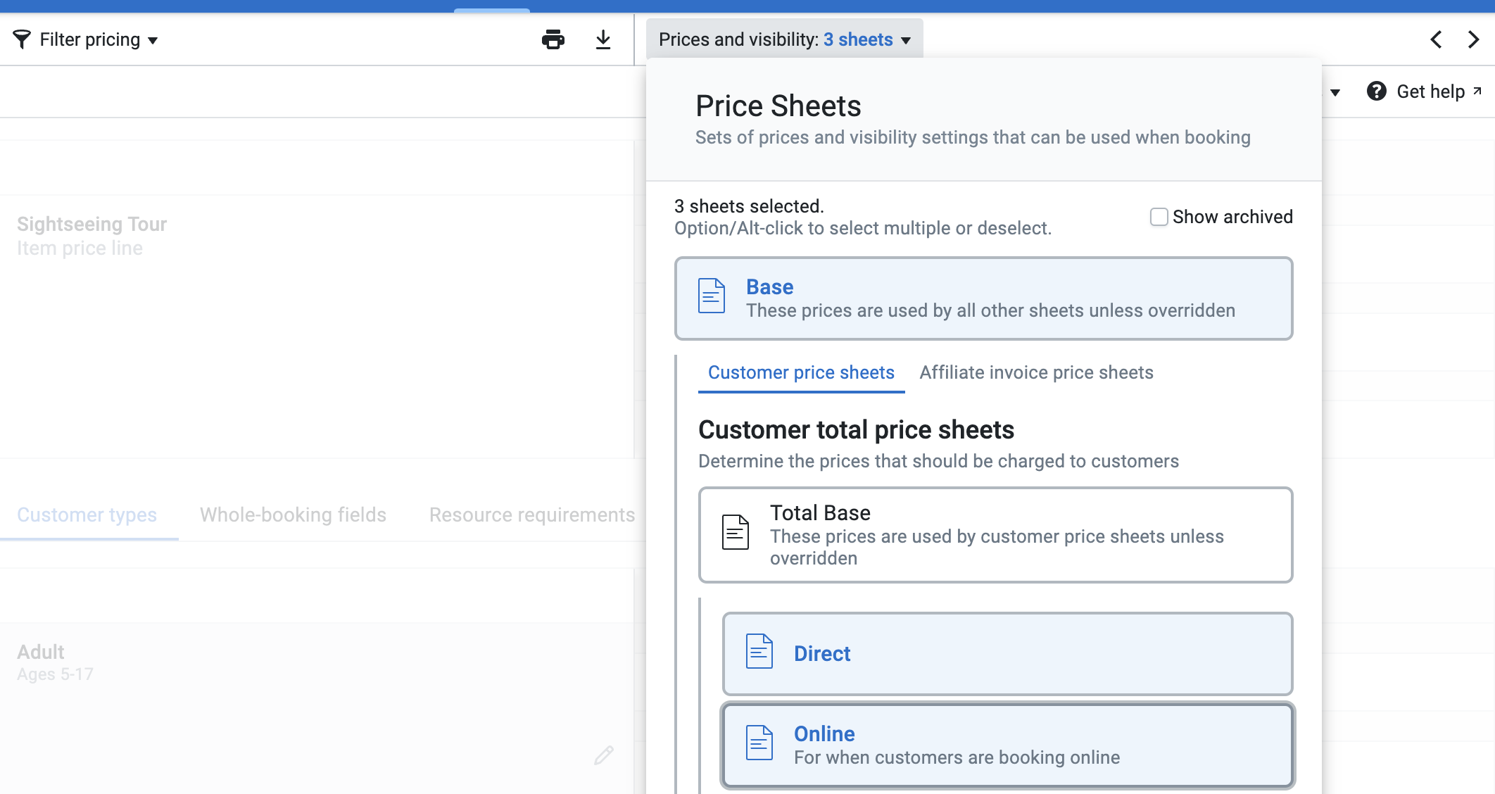 Prices and visibility menu