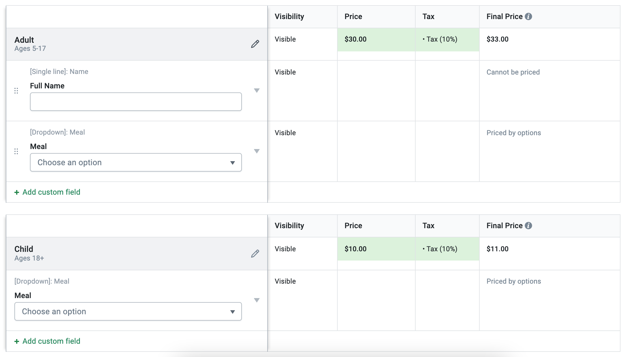 Price sheet example
