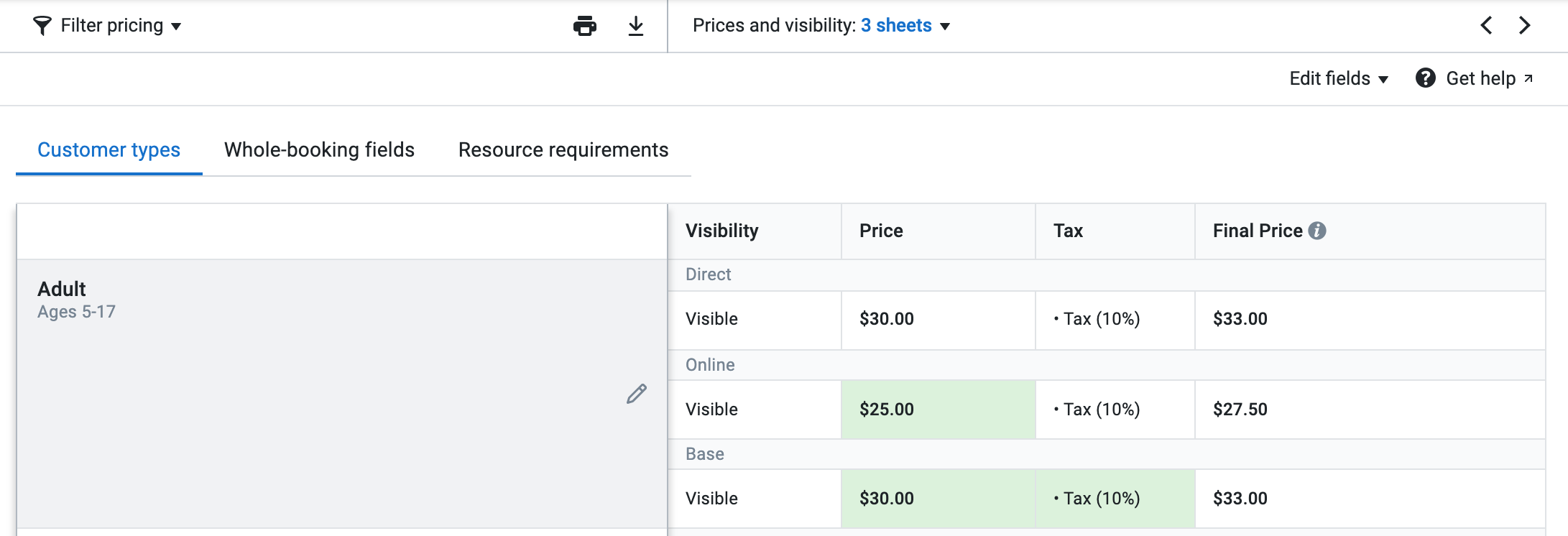 Viewing multiple price sheets
