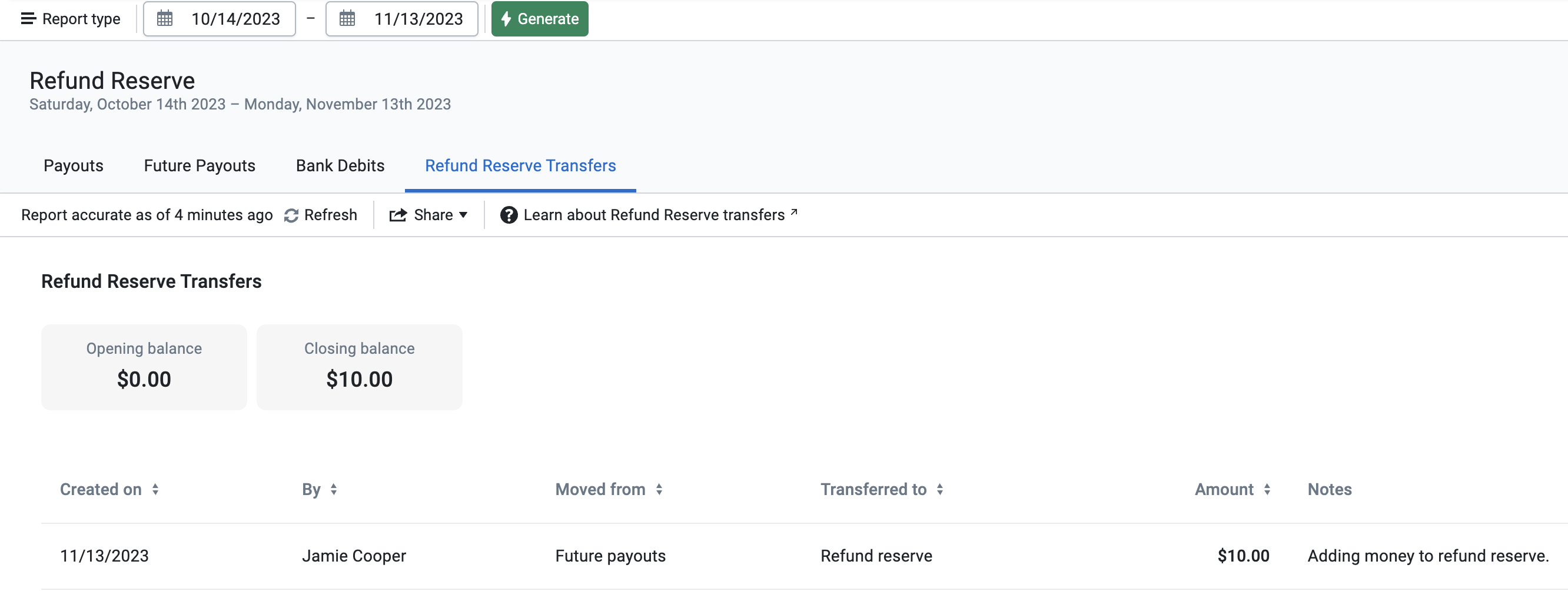 Refund Reserve Transfers Report