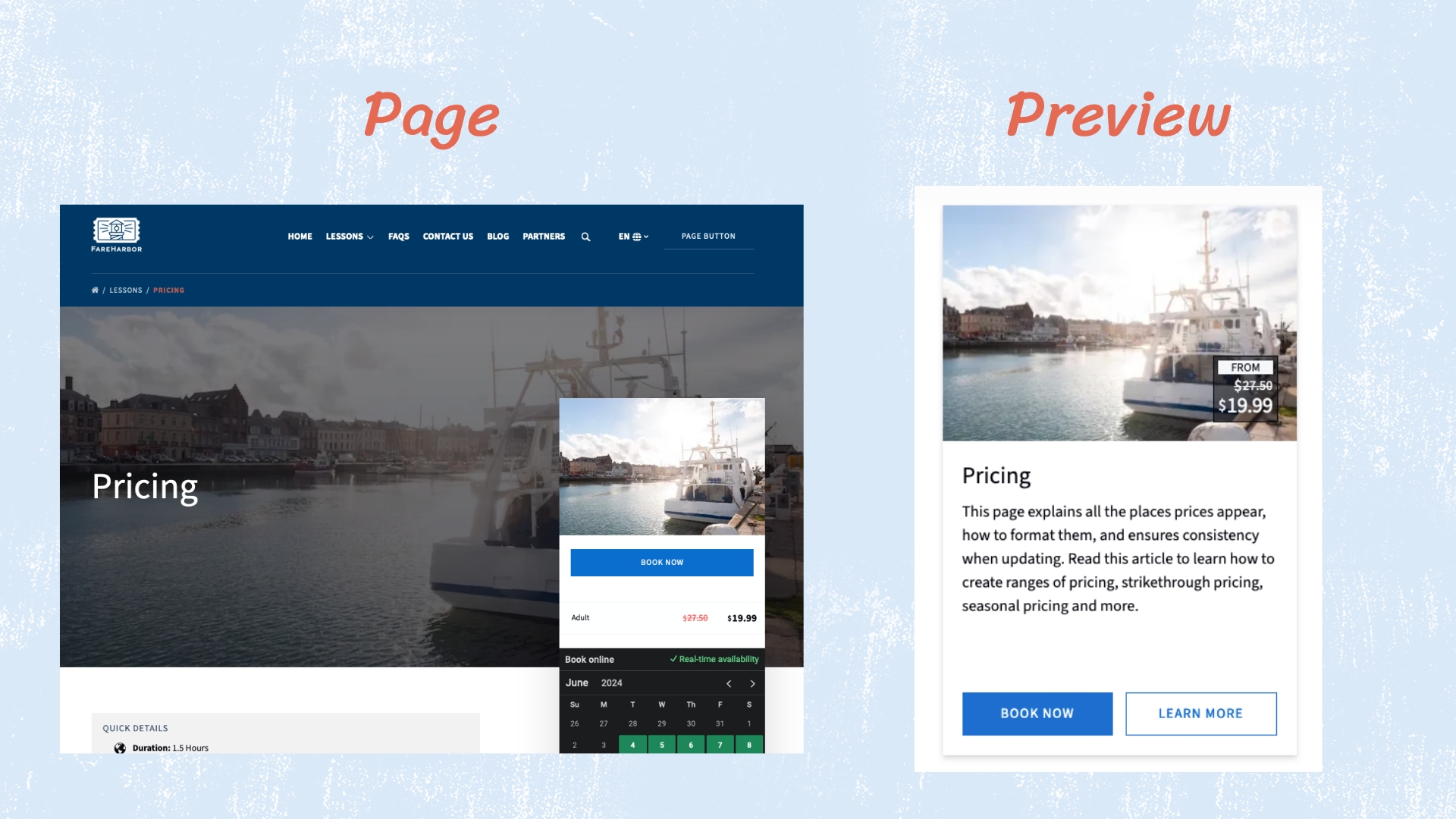 A comparison between an activity page and an activity preview on a FareHarbor Site