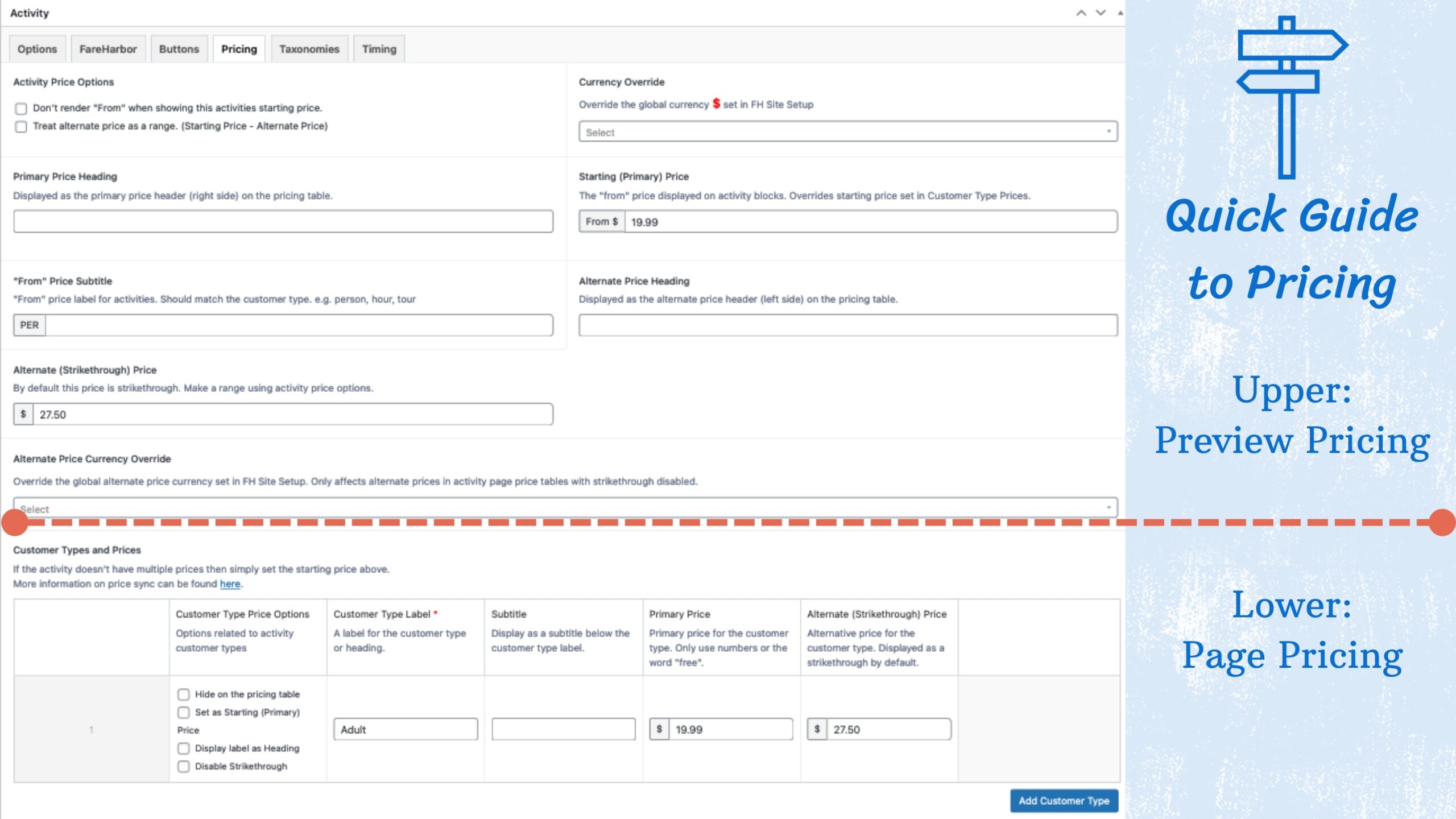 The Quick Guide to Pricing: the Upper area of the Pricing tab is for Preview prices, the lower area of the tab is for Page Pricing