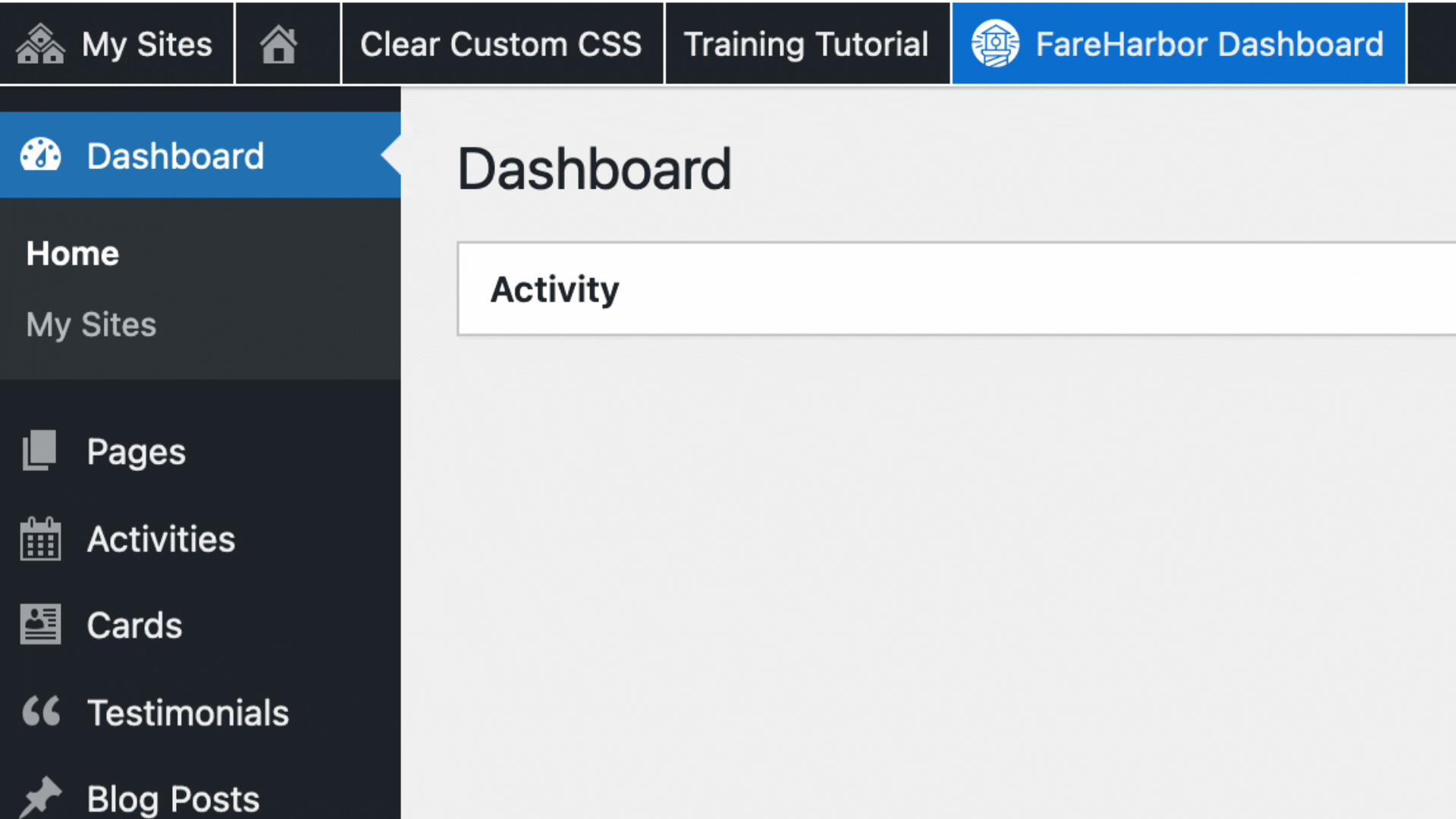 A dashed line highlights the Activity tab in the Wordpress sidebar