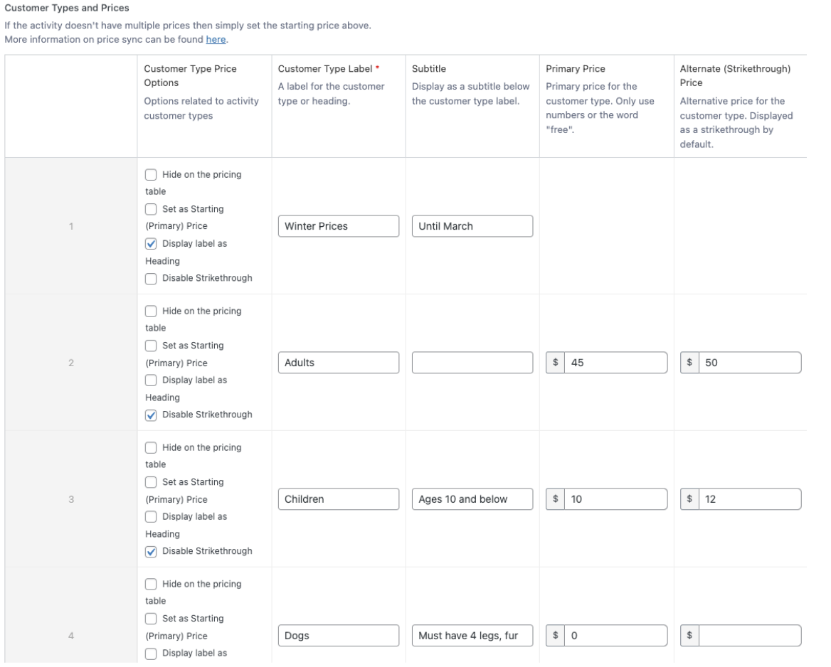customer types and prices backend