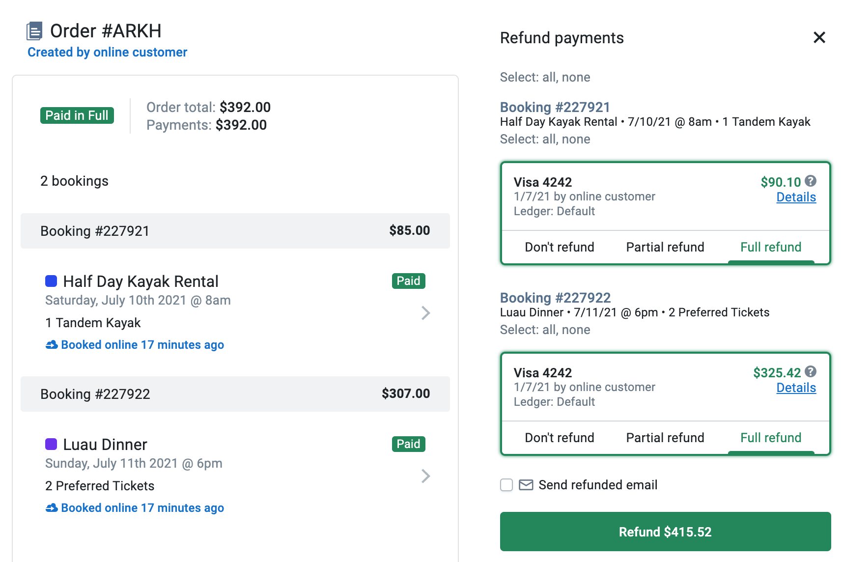 Refunding payments on an order