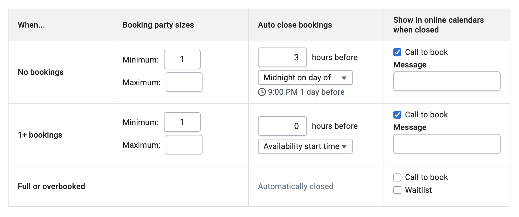 Booking restrictions table